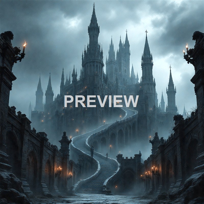 A towering, dark castle with numerous spires and a winding staircase leading up to it, set against a stormy, ominous sky with sparse lighting.